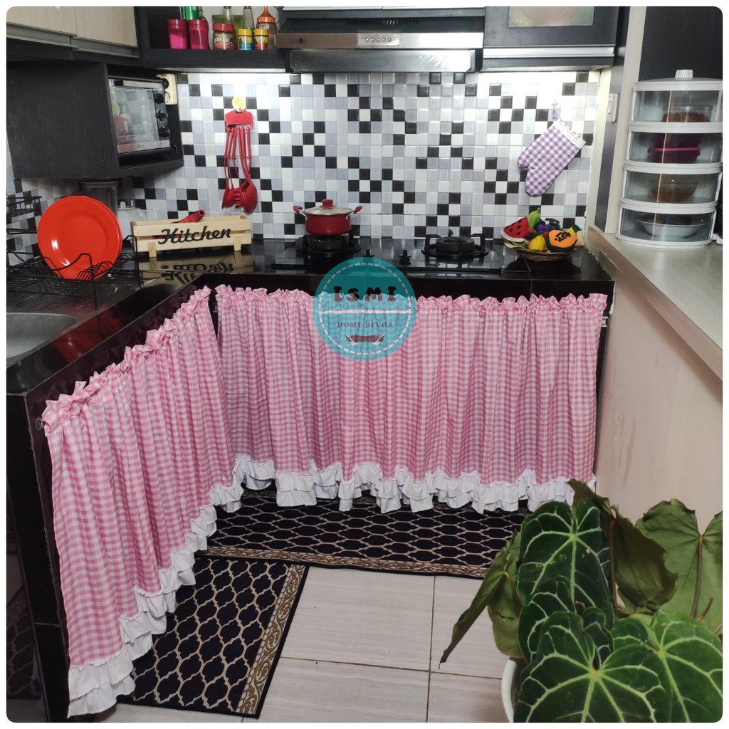 Gordeng KOLONG DAPUR Berhias RUFFLE BAWAH Polos DOUBLE Gorden / Tirai Kolong Dapur Motif Kotak Gingh