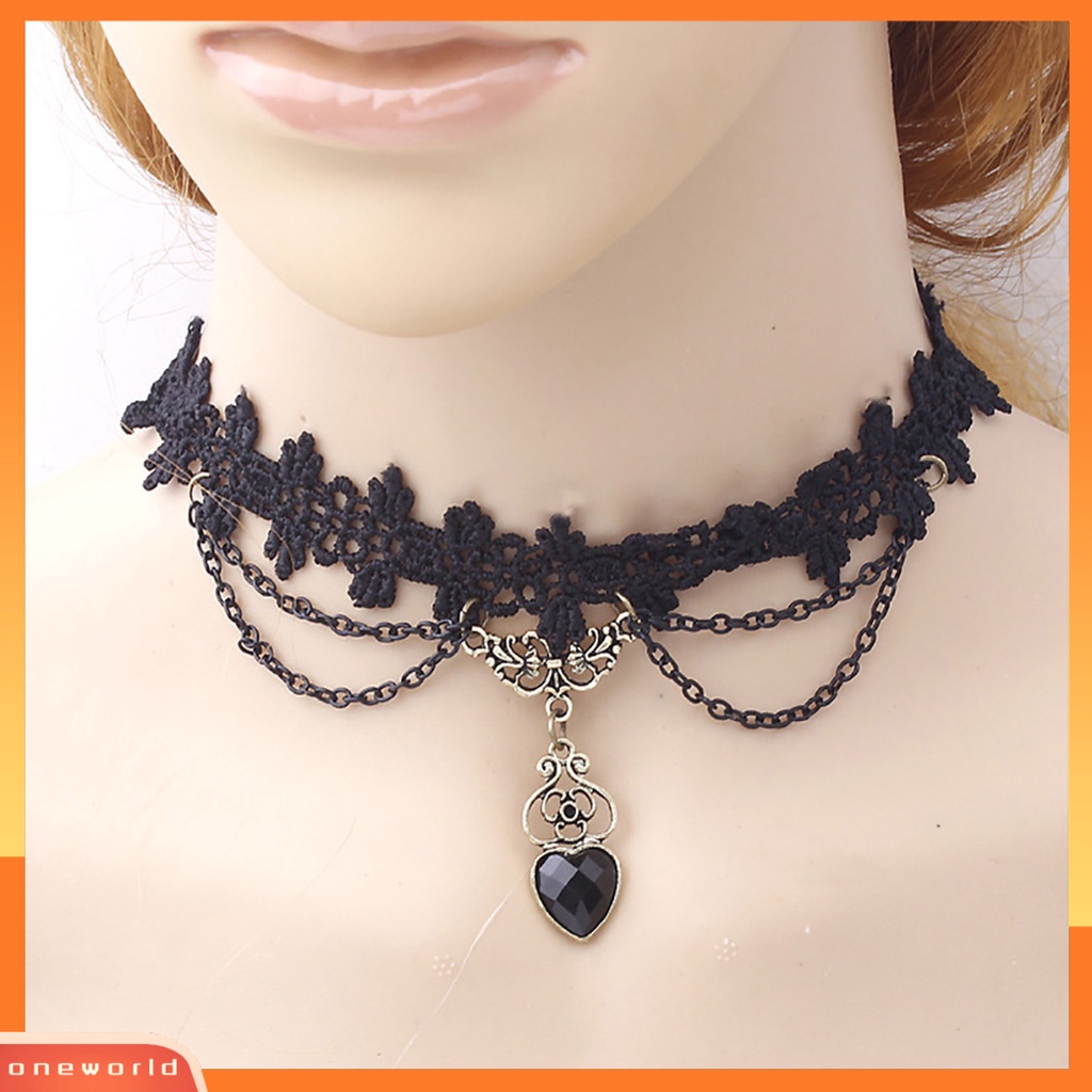 {oneworld} Kalung Colorfast Lace Edge Alloy Kalung Rantai Renda Hitam Untuk Pernikahan