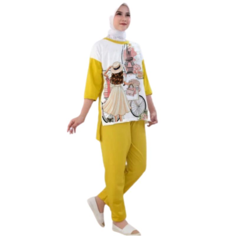 Setelan Kaos Wanita Dewasa Oversize Ld 110 cm Terbaru 2023 Viral Gambar Digital Printing Bahan Kaos Babyterry Tangan 3/4 dan Celana Panjang One Set Wanita Dewasa Jumbo Kekinian Atasan Baju Wanita Dewasa Big Size Stelan Baju Wanita Santai Cewek Paris