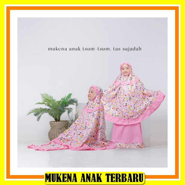Mukena Anak Komplit Sajadah Dan Tas Bahan Kaos Aksen Pom-Pom Rumbai Tile Mukena Lollipop Raggakids P
