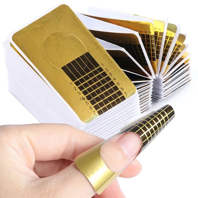 100pcs 500pcs Nail Form Gel Gold Extension Nail Foil Double Thick  Nail Art Acrylic UV Perpanjang Pembentuk Kuku Palsu Stiker Cetakan
