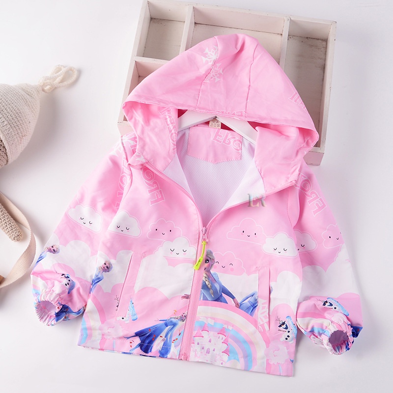 LNR Shop Jaket Anak Perempuan Motif Frozen Elsa Lengan Panjang Dengan Topi Import Terbaru Sweater Outerwear Outer Hoodie Mantel Resleting Mantel Bertudung Bahan Parasut Halus Baby Coats Girls
