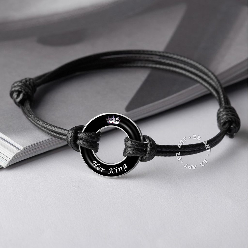 2Pcs GELANG COUPLE KING QUEEN CUSTOM NAMA TULISAN PASANGAN RING PLAT CINCIN STAINLESS STEEL TALI KULIT KEPANG KOREA
