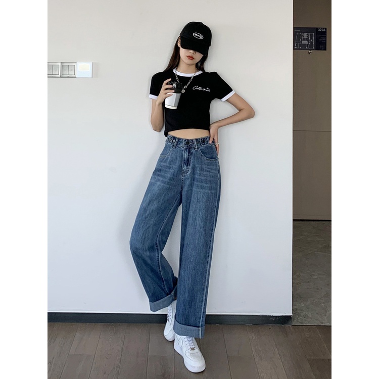 Korean Jeans Wanita Highwaist Biru laut Celana Panjang Jeans Wanita Loose Import