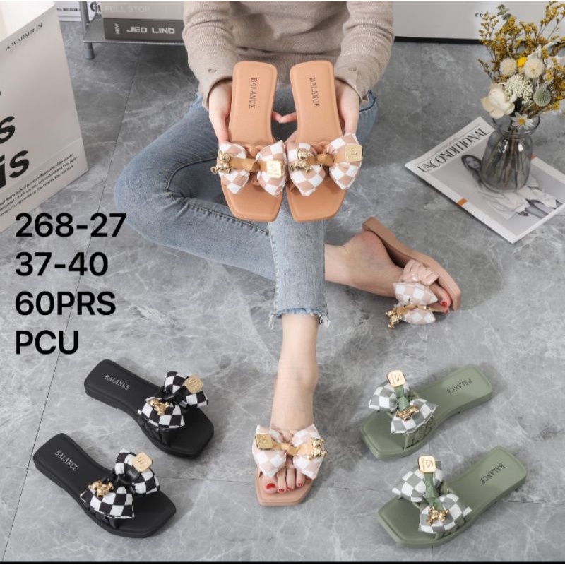 BALANCE Sandal Slop Wanita Jelly Tebal Bahan Elastis Empuk Rubber Non-Slip Motif Pita Gold 288-A5