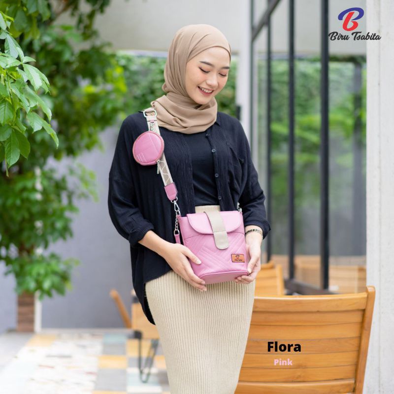 Biru Tsabita, Flora Bag Tas Slempang 2in1 Free Dompet Koin