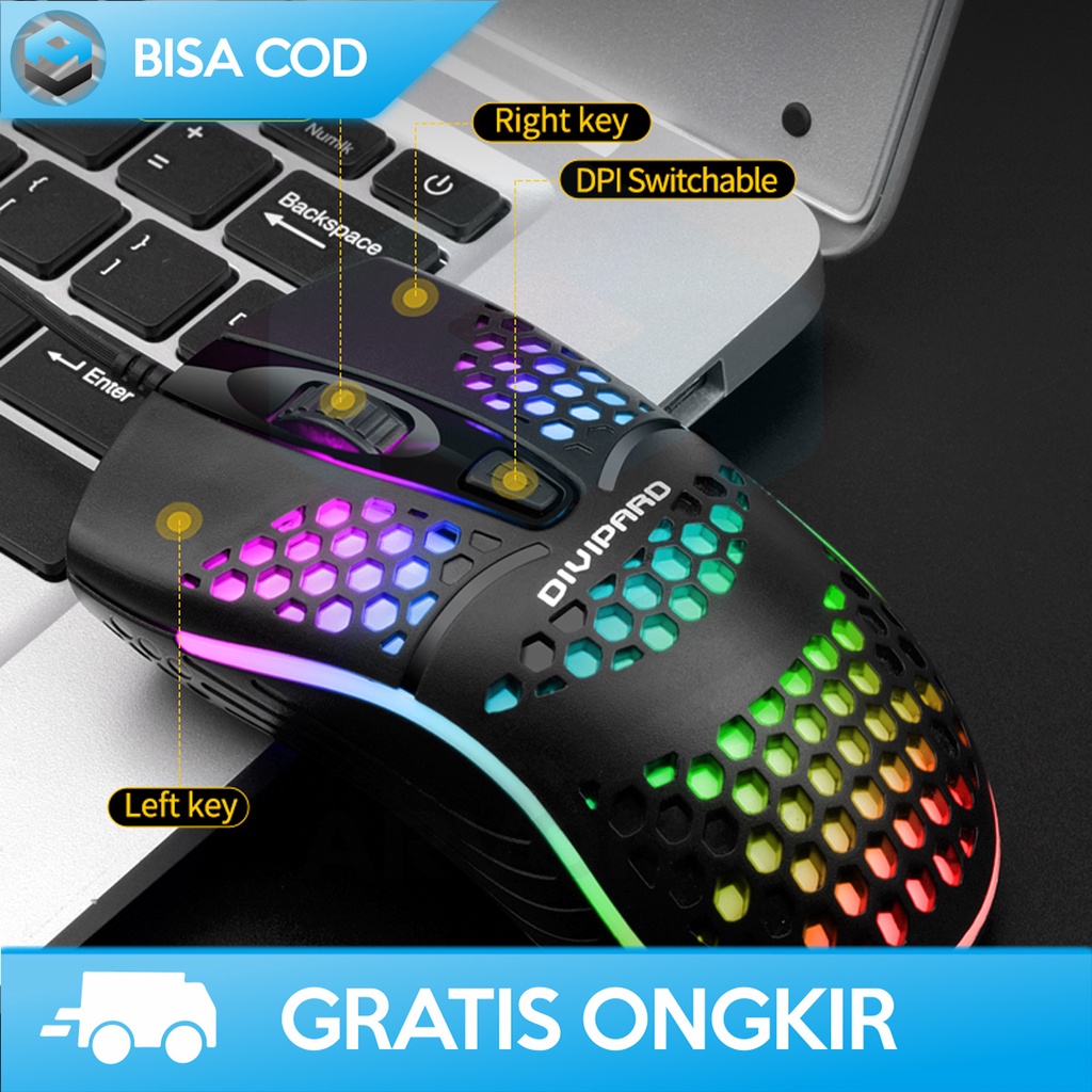 MOUSE KABEL HONEYCOMB DESAIN COLORFUL OPTICAL MOUSE GAME 4D LED RGB