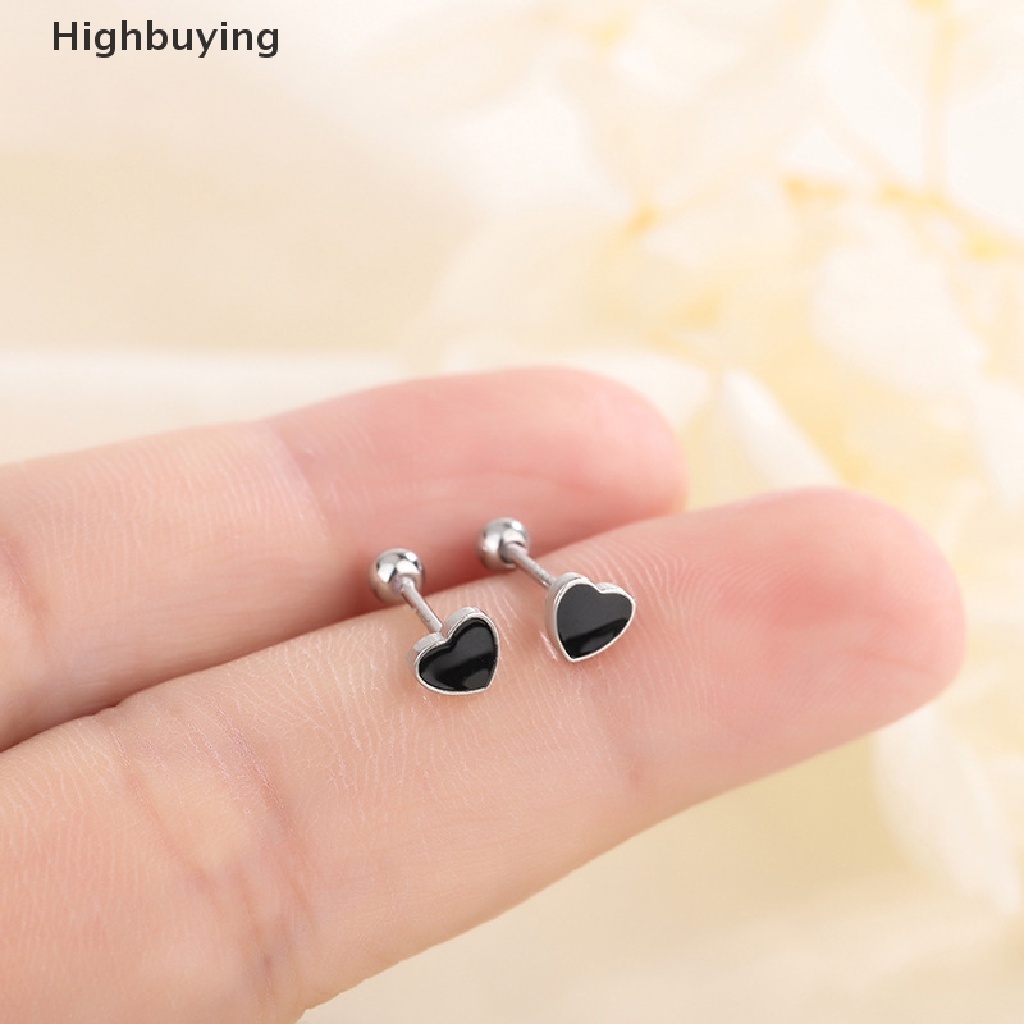 Hbid 1pasang925 Sterling Silver Lucu Hitam Cinta Hati Anting Sekrup Telinga Tulang Kuku Fashion Sederhana Wanita Pesta Pernikahan Perhiasan Halus Glory