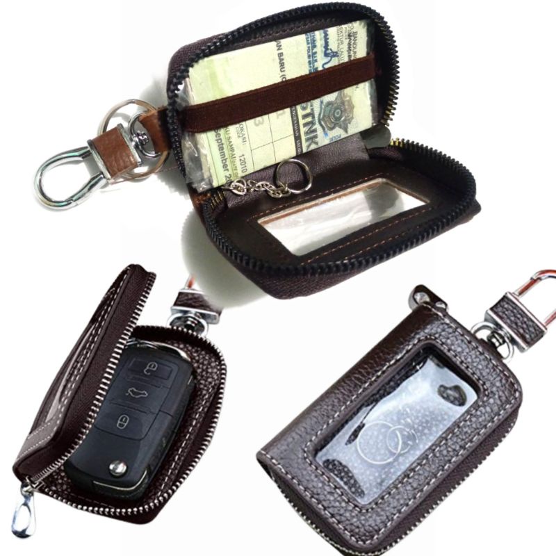 Dompet kunci remote keyless mobil kulit asli transparan dompet stnk mobil kulit