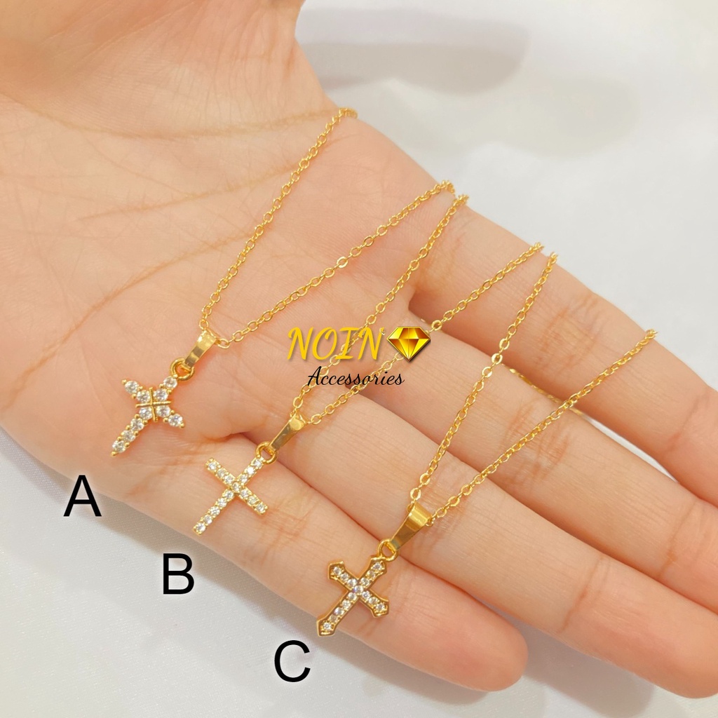 Kalung Liontin Salib Permata Sirkon Perhiasan Lapis Emas 18K