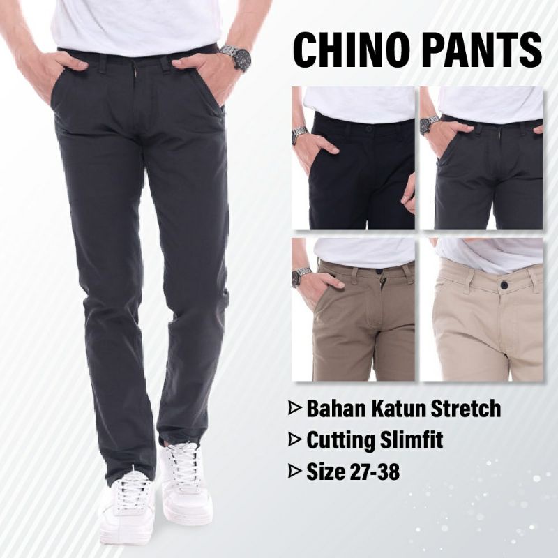 Celana Panjang Chino pria Slimfit KERJAHARIAN Santai Casual Formal Hitam abu