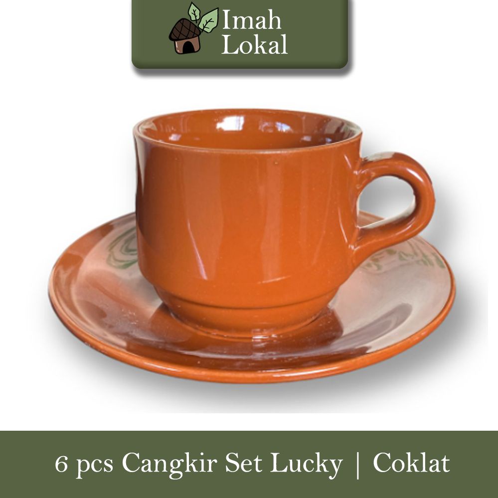 Cangkir Set 6pcs Keramik Lucky Gelas Minum Kopi Teh Warna + Pisin / Tatakan - Coklat