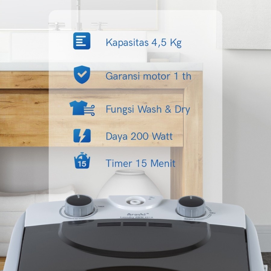 ARASHI AWM451A Mesin Cuci 1 TABUNG 4.5 KG PORTABLE TOP LOADING