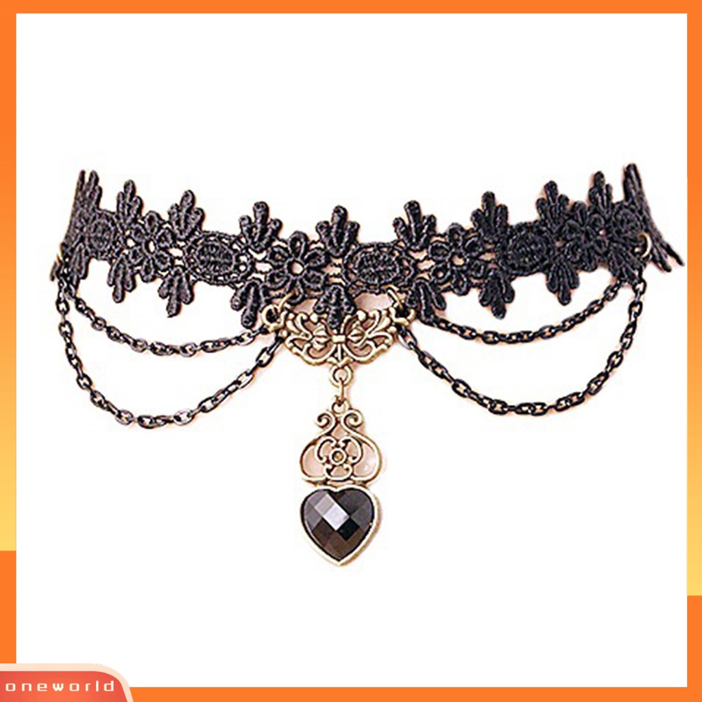 {oneworld} Kalung Colorfast Lace Edge Alloy Kalung Rantai Renda Hitam Untuk Pernikahan