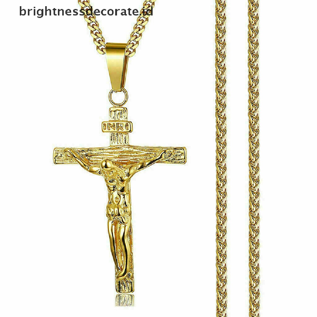 [Birth] Mens Silver Stainless Steel Rantai Kalung Liontin Salib Yesus Kristus Salib [ID]