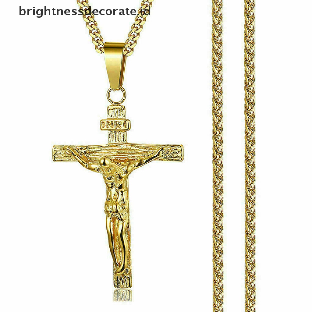 [Birth] Mens Silver Stainless Steel Rantai Kalung Liontin Salib Yesus Kristus Salib [ID]