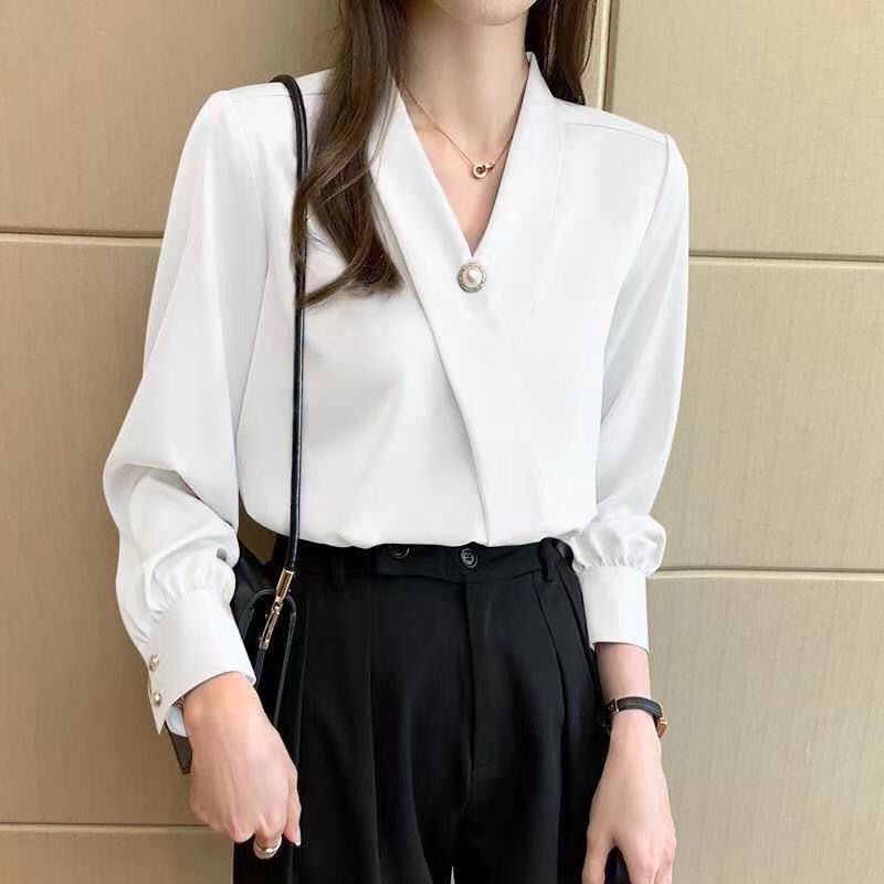 Red 2022 Baru Asetat Satin Kemeja Wanita Tempat Kerja Ringan dan Gaya Akrab Rasa Desain Niche Lengan Panjang Atas musim Gugur Profesional Wanita