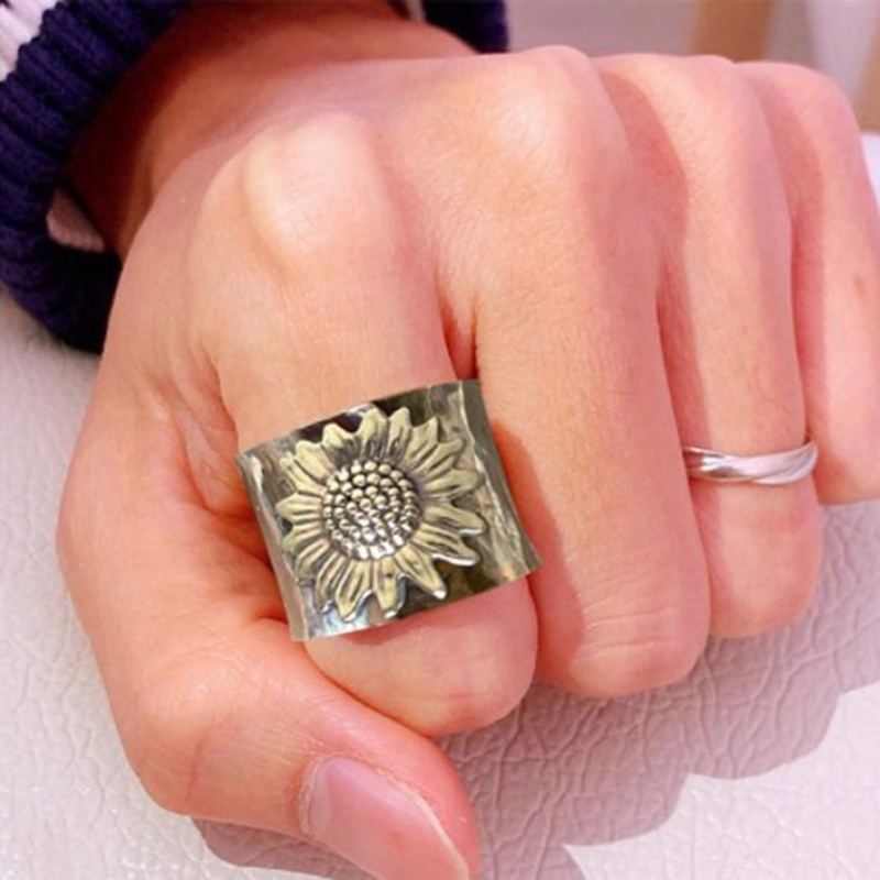 Punk Vintage Emas Bunga Matahari Cincin Untuk Wanita Berlapis Perak Jari Lebar Ring
