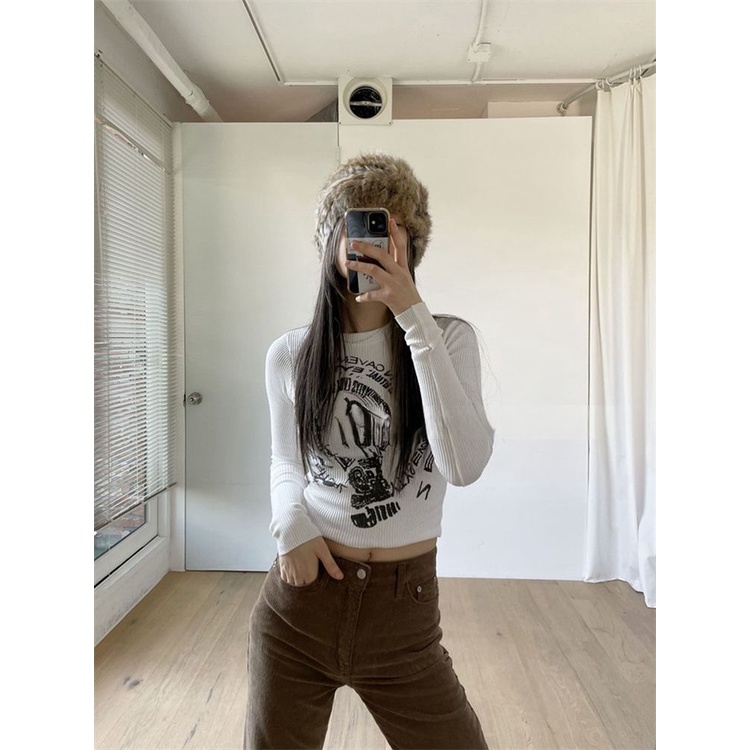Red Spice girl ceruk gaya Amerika baru retro printing brushed T-shirt all-match thread slim slim short top ins tide