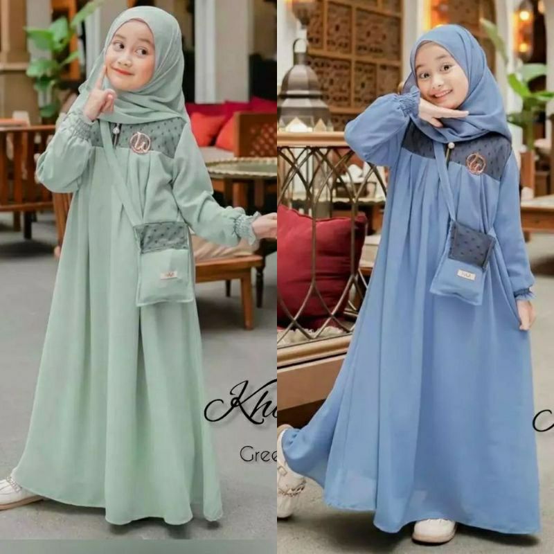 Khanza kids gamis anak + pasmina usia 5-13 tahun(TANPA TAS) / gamis anak terlaris