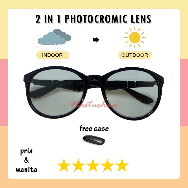 Kacamata Photocromic Bingkai Plastik Oval Indoor Outdoor Kacamata Photochromic Berubah Warna Anti UV Untuk Pria Wanita Unisex FREECASE