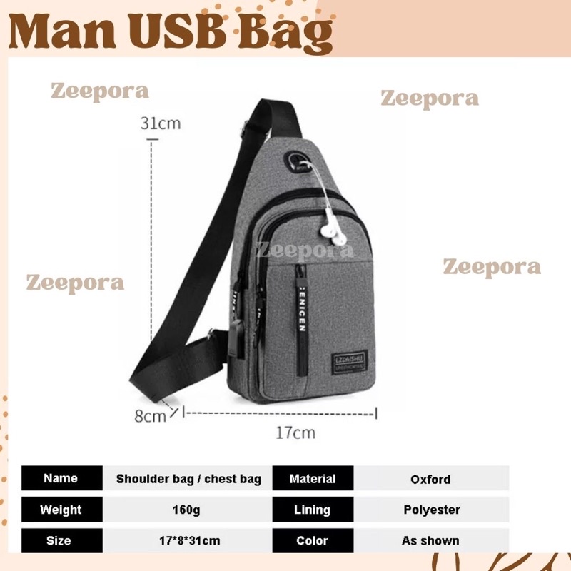 Tas pria WAISTBAG cowok usb selempang waterproof waistbag dengan usb tas pria usb bag anti gores tahan air antiscretch
