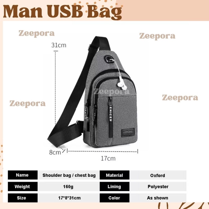 Tas pria tas cowok usb selempang waterproof waistbag dengan usb tas pria usb bag anti gores tahan air antiscretch