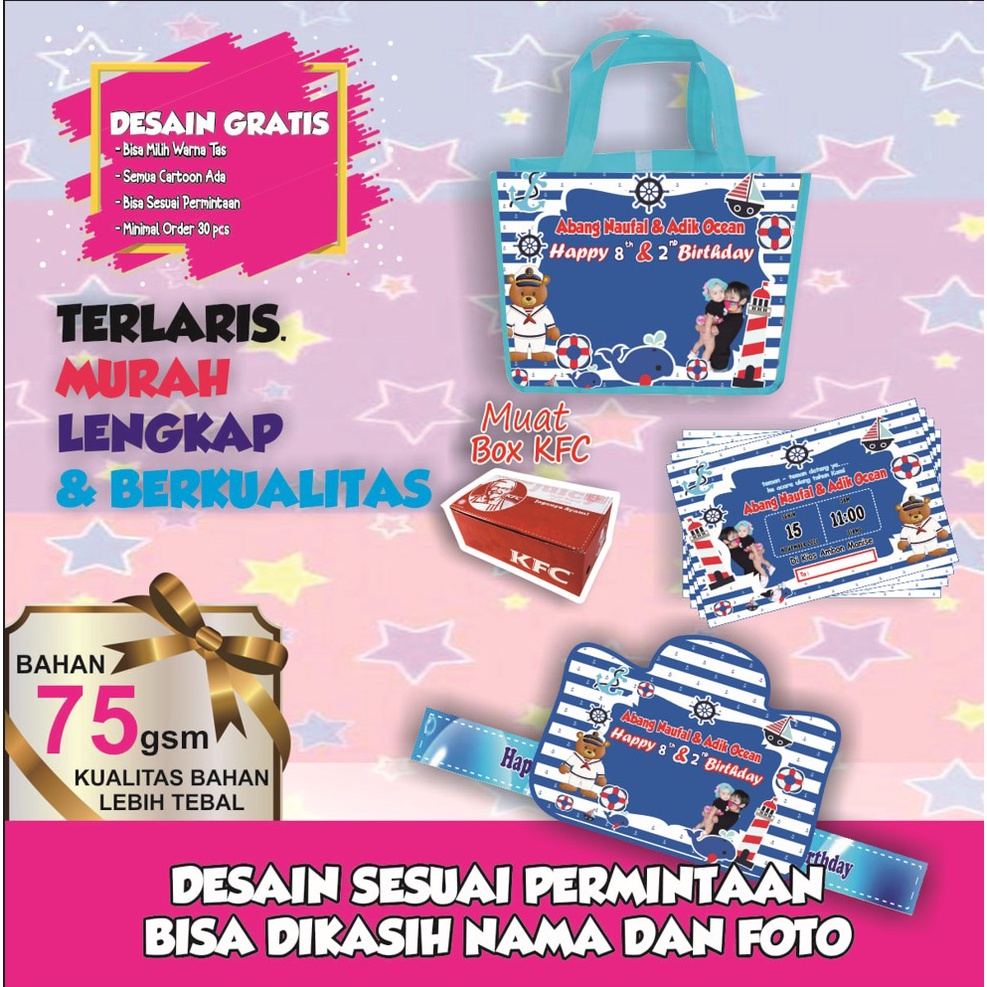 

tas ulang tahun full colour/tas souvenir ulang tahun/ hampers/tas murah/ totebag blacu/goodie bag ulang tahun anak/tas jinjing