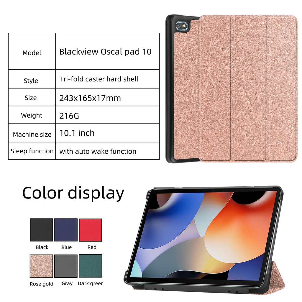 Untuk Blackview Oscal Pad10 (2022) 10.1 Inci Kualitas Tinggi Tablet Perlindungan Case Fashion Tri-fold Custer Stand Casing Flip Holder Warna Solid Penutup Kulit