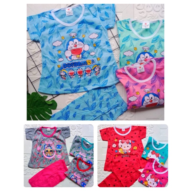 Baju Setelan harian celana pendek anak perempuan 1-5 tahun / setelan pendek anak cewek hello kitty doraemon lol