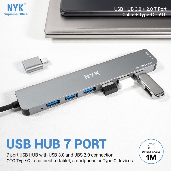 USB HUB 3.0 NYK V10 7 Port Cable 1M + OTG Type-C