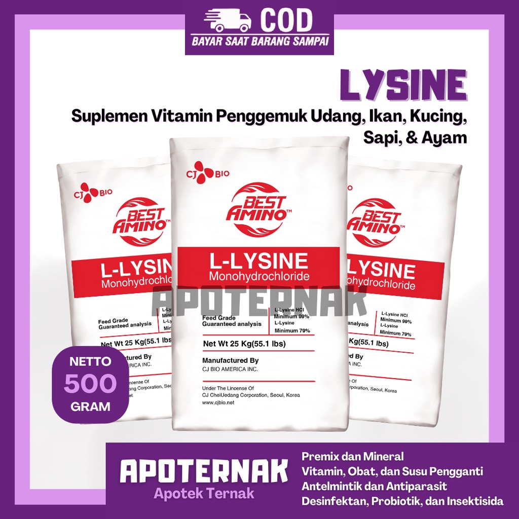 LYSINE 500 gram | Suplemen Vitamin Penggemuk Udang Ikan Kucing Sapi Ayam | L-LYSINE Monohydrochloride LISIN LYSIN LISINE LEUSIN
