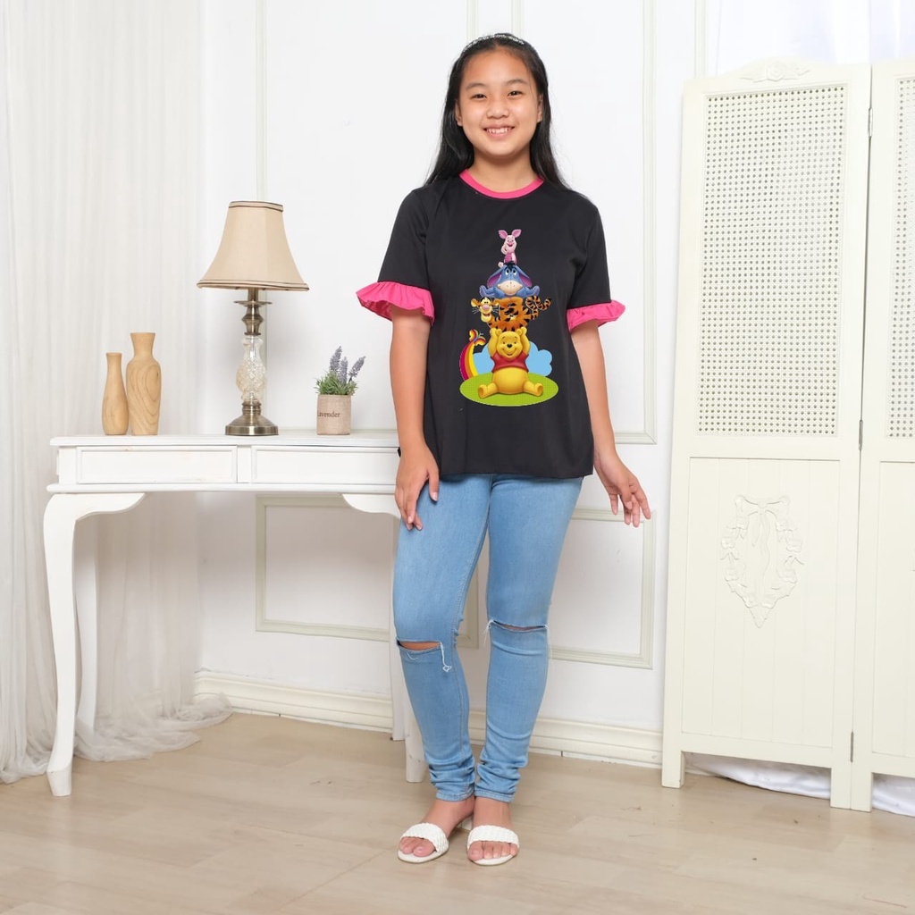 Hzl_outfit Baju Kaos Salma Lengan Kerut Pendek The Pooh Tigger/ Atasan Anak ABG Cewek