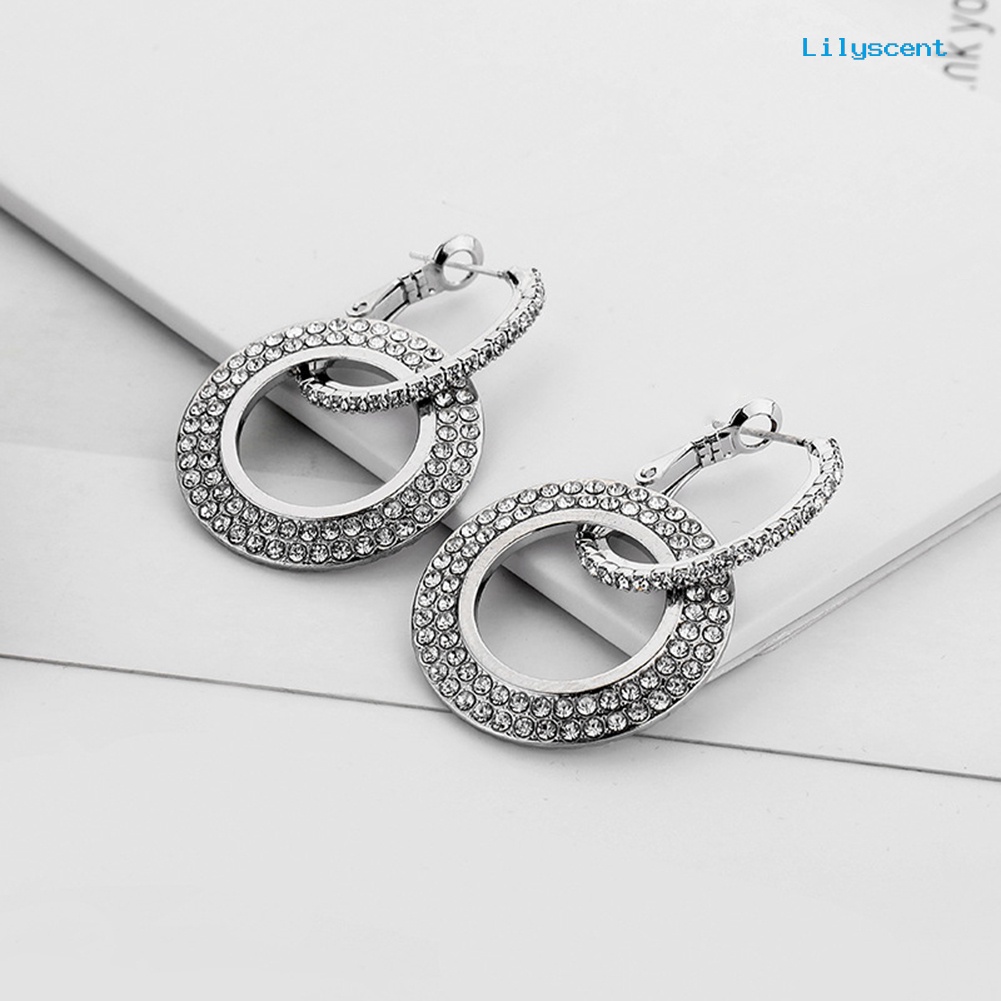 [LS] Wanita Fashion Berlian Imitasi Ganda Lingkaran Hoop Huggie Earrings Pesta Perhiasan Pesona