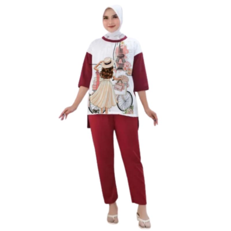 Setelan Kaos Wanita Dewasa Oversize Ld 110 cm Terbaru 2023 Viral Gambar Digital Printing Bahan Kaos Babyterry Tangan 3/4 dan Celana Panjang One Set Wanita Dewasa Jumbo Kekinian Atasan Baju Wanita Dewasa Big Size Stelan Baju Wanita Santai Cewek Paris