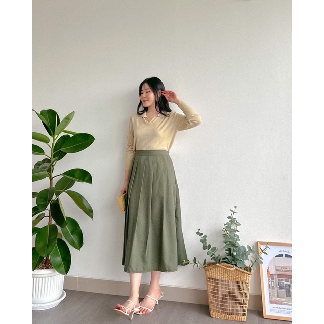 KANON - Saba Pleated Skirt - Rok midi korean lipit katun linen crinkle