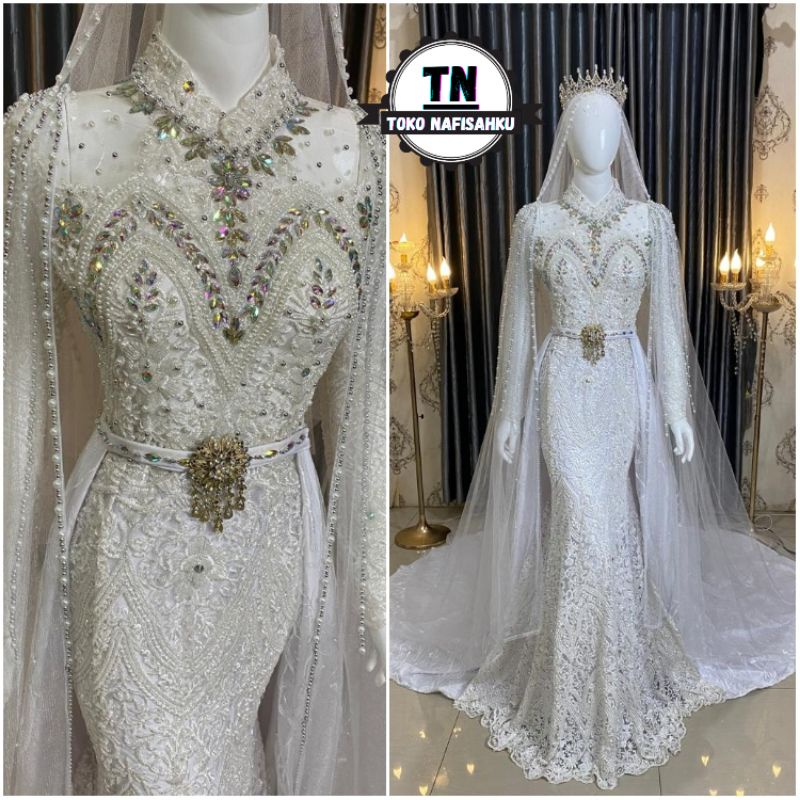 dress pengantin duyung ekor pisah warna putih tulang | baju pernikahan| kebaya akad nikah | wedding 