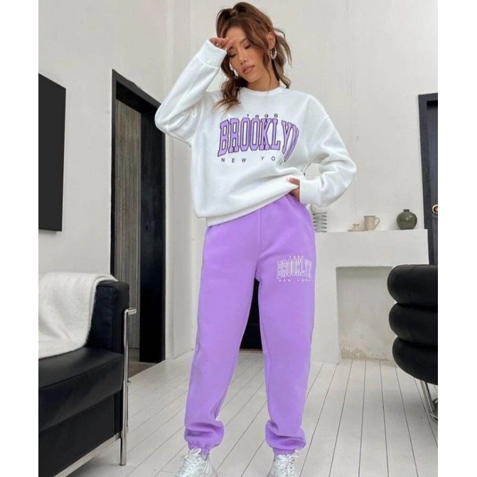 (ONE SET) SWEATER DAN JOGGERPANTS BROOKLYN UNGU MUDA PUTIH AMERICAN STYLE M L XL XXL