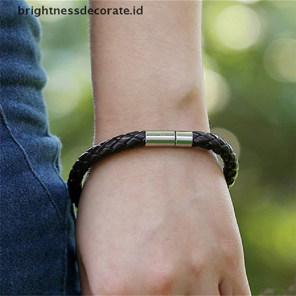 [Birth] Wanita Pria Hitam Kulit Pesona Gelang Stainless Steel Magnetic Clasp Bracelet [ID]