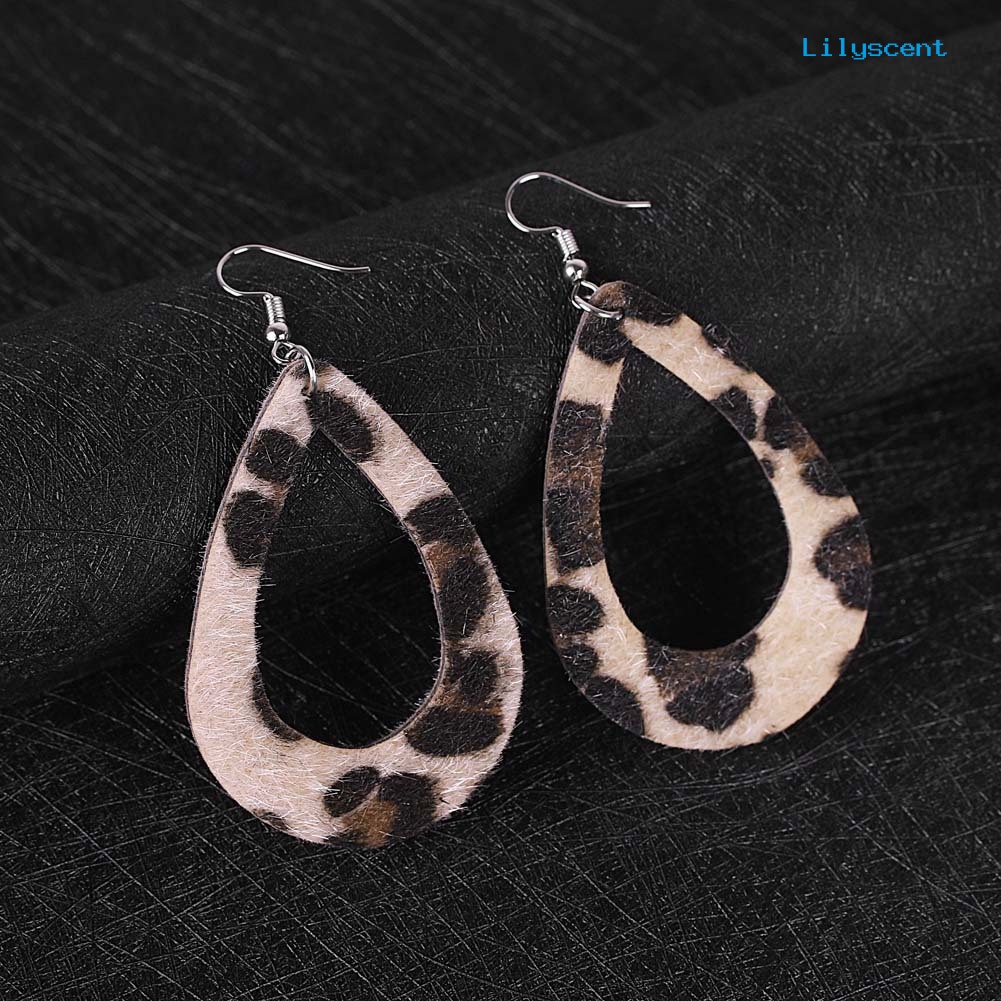 [LS] Wanita Leopard Print Teardrop Menjuntai Kulit Imitasi Kait Anting Perhiasan Hadiah