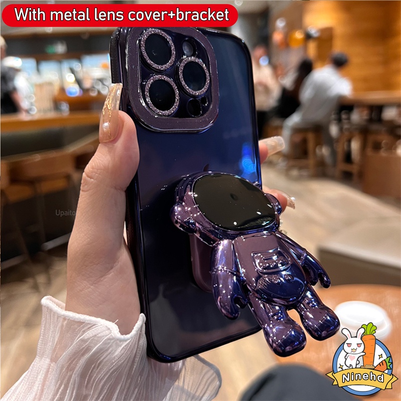 IPHONE Casing Kompatibel Untuk Iphone14 13 12 11 Pro Max Xr Xs Max Se8 7 Plus Bingkai Persegi Mewah 6D Plating Phone Case Astronot Stand Lensa Metal Full Cover Soft Case Cover Pelindung