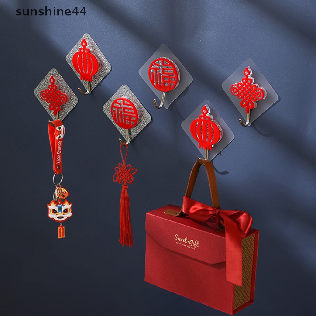 Sunshine 2pcs Red Fu Word Sticky Hook Simpul Cina Kuat Beban-bearing Traceless Hook.