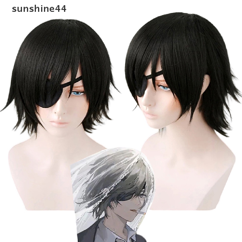 Sunshine Himeno Wig Chain Man Hitam Berbulu Lapis Rambut Sintetis Dengan Tempelan Mata.