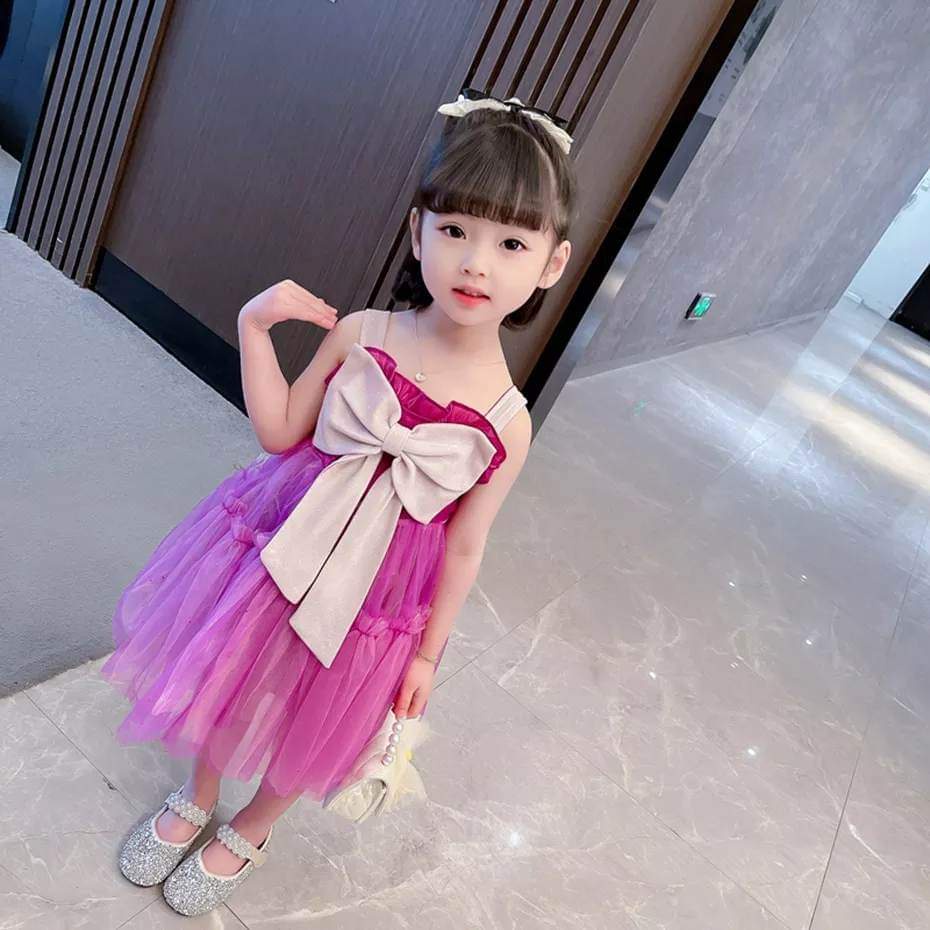 Dress Baby Perempuan Big Ribbon Pink Purple Flower