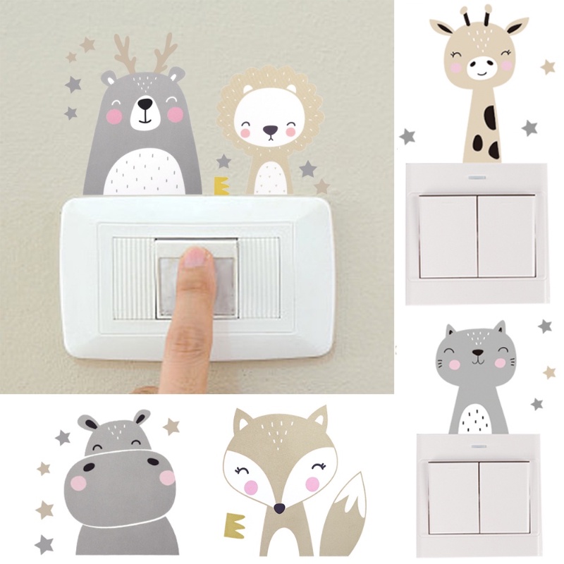 6pcs/set Wall Decals Boho Color Stiker Dinding PVC Switch Stiker Lucu Removable Smile Kartun Hewan Bintang Tahan Air Untuk Kamar Anak Bayi Nursery Room Kamar Tidur Ruang Tamu