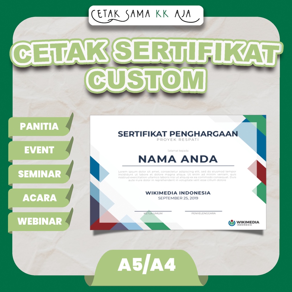 CETAK SERTIFIKAT CUSTOM A4 A5 PANITIA ACARA EVENT SEMINAR LOMBA PAMERAN