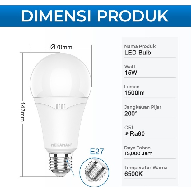 LAMPU LED / BOHLAM MEGAMAN A-BULB YTA70Z1 15W / 15 WATT GARANSI RESMI - 6500K PUTIH