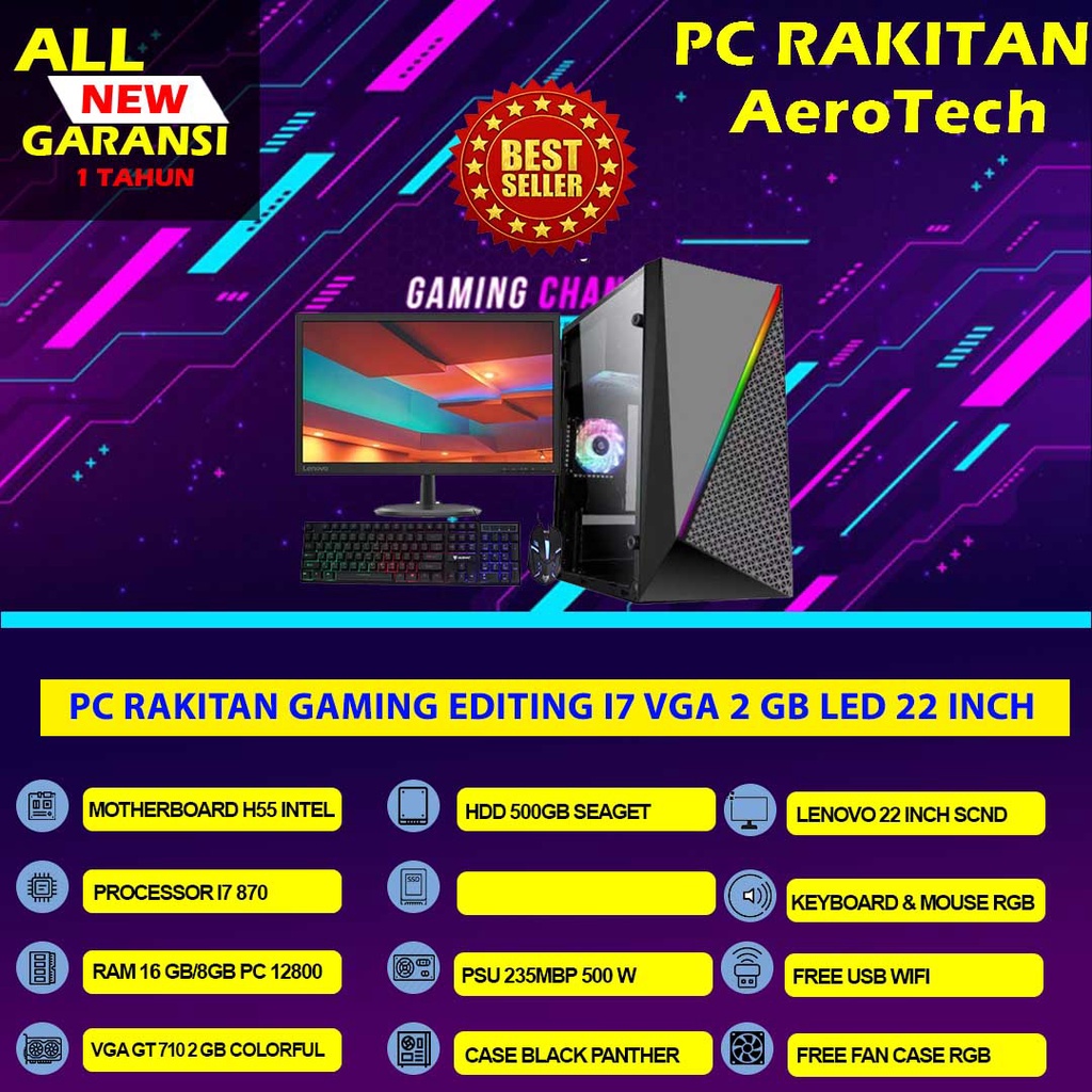 PC RAKITAN GAMING EDITING I7|RAM 16 GB|VGA 2 GB|LENGKAP LED 19 22 INCH