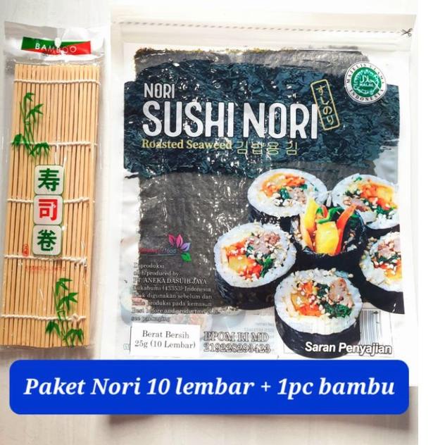 FAA208 Paket sushi nori 10 lembar + bambu sushi 1 nori rumput laut bento seaweed bamboo sushimat tik