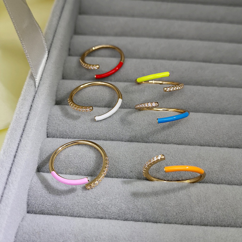 Baru Warna-Warni Neon Enamel Terbuka Disesuaikan Cincin Jari Untuk Wanita Fluorescent Fashion Tembaga Zirkon Perhiasan